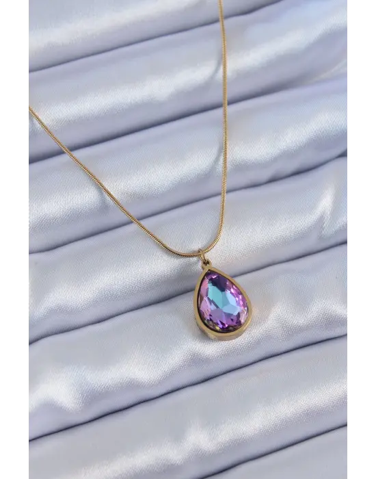  Altın  Damla Kristal Taş Model  Çelik Kolye