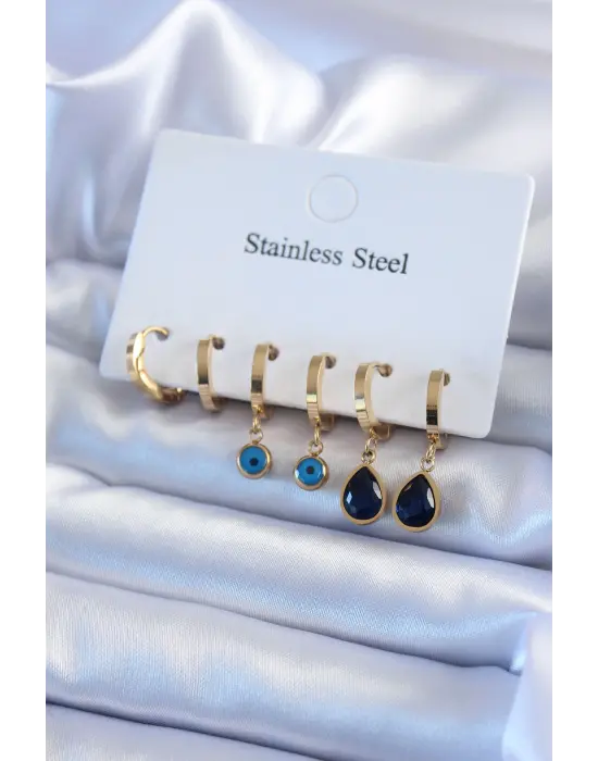 316L Çelik Gold Renk Damla Kristal Taş Model Nazar Boncuk Detay Kadın Küpe Seti