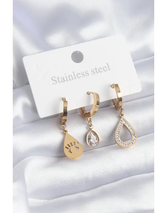   Altın Damla Model Göz İşleme Zirkon Taş Detay Çelik Küpe