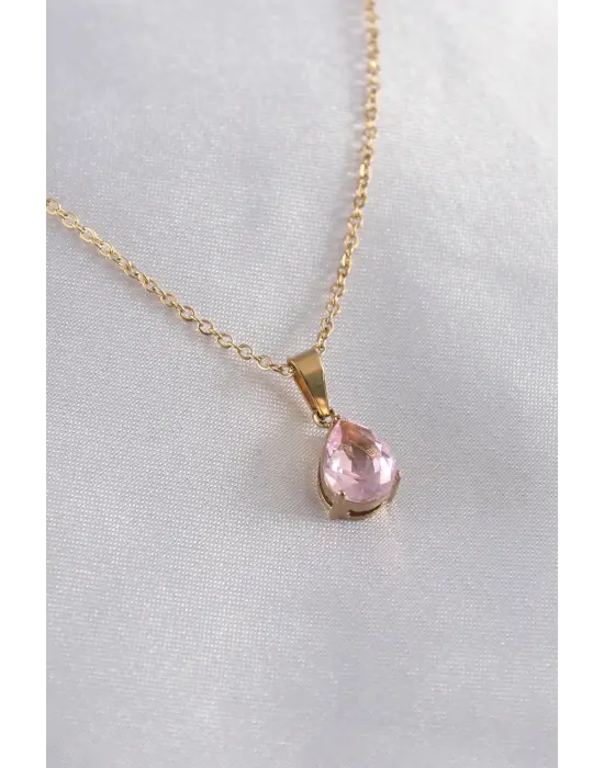  Altın  Damla Model Kristal Taşlı  Çelik Kolye