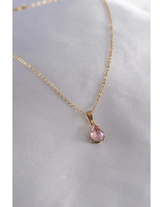  Altın  Damla Model Kristal Taşlı  Çelik Kolye