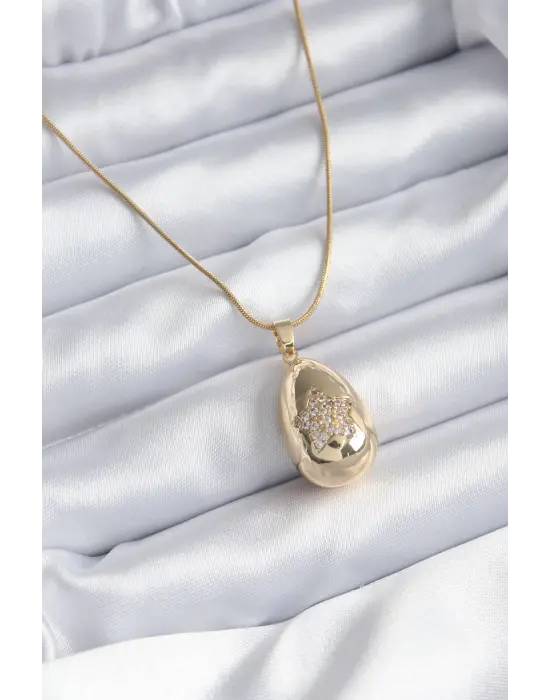  Altın  Damla Model Yıldız İşleme Zirkon Taşlı  Çelik Kolye