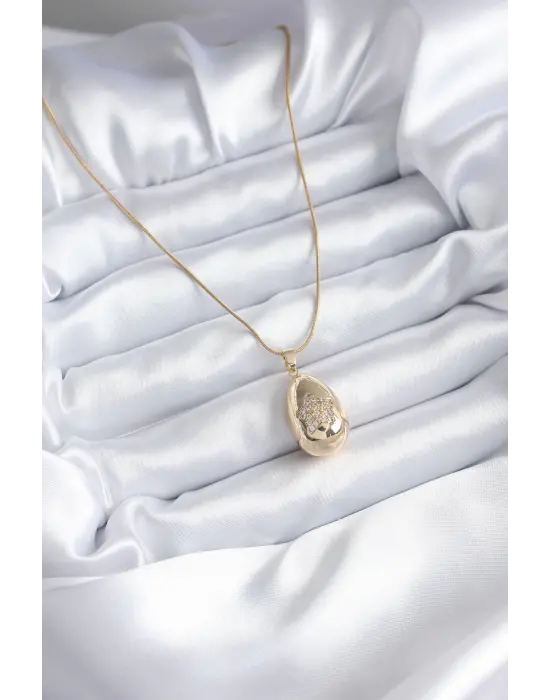  Altın  Damla Model Yıldız İşleme Zirkon Taşlı  Çelik Kolye