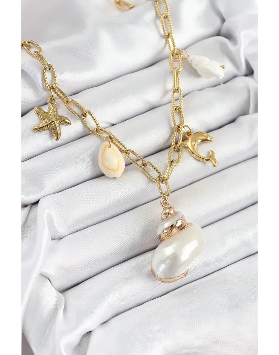 316L Çelik Gold Renk Deniz Kabuğu ve Yıldızı Konseptli Kadın Kolye