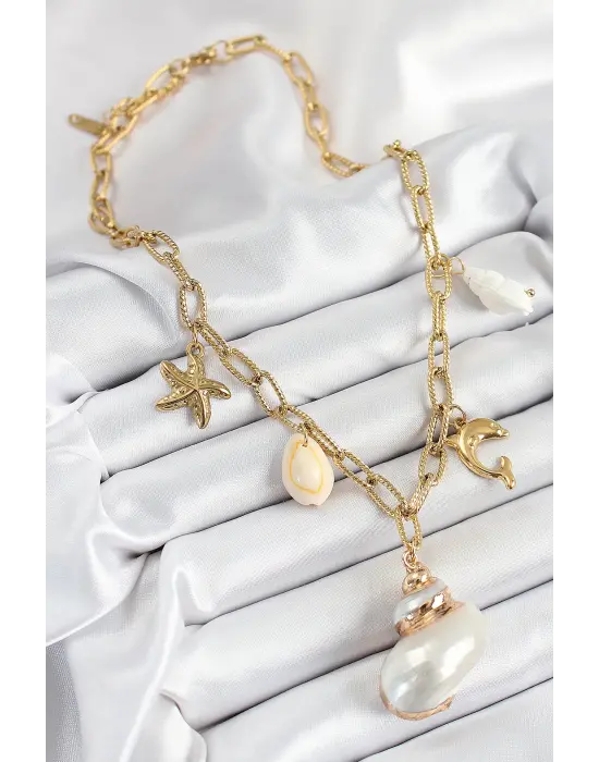 316L Çelik Gold Renk Deniz Kabuğu ve Yıldızı Konseptli Kadın Kolye