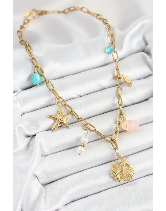 316L Çelik Gold Renk Deniz Yıldızı ve Deniz Kabuğu Konsept Kadın Kolye