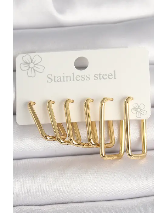 316L Çelik Gold Renk Dikdörtgen Model Kadın Küpe Seti