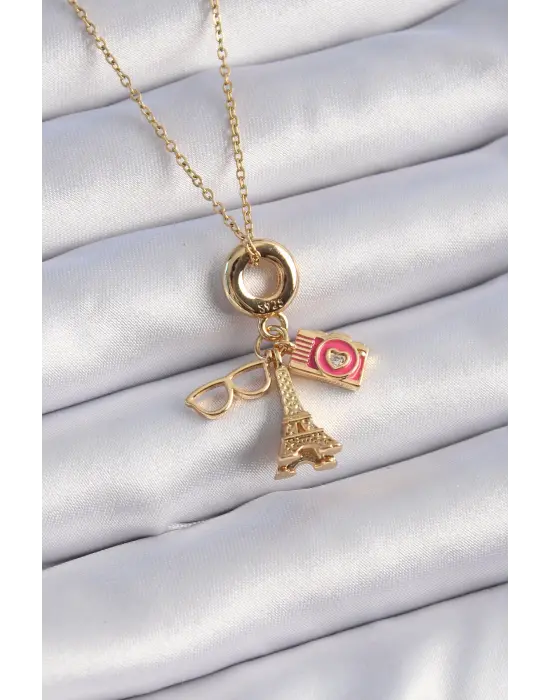  Altın  Eyfel Kulesi Fotoğraf Makinesi Figür Charm Model  Çelik Kolye