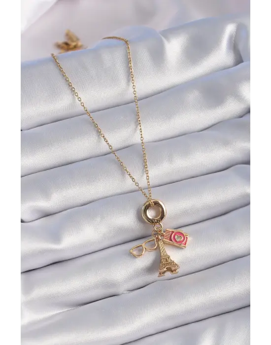  Altın  Eyfel Kulesi Fotoğraf Makinesi Figür Charm Model  Çelik Kolye