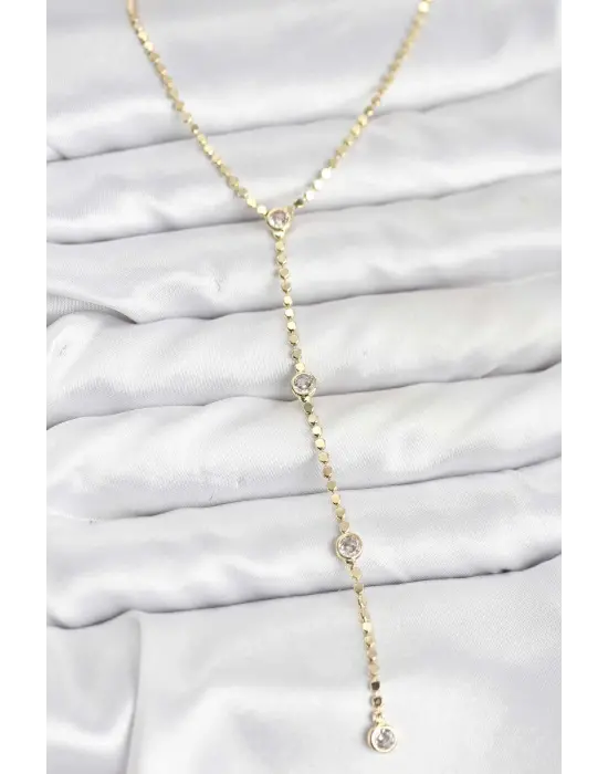 316L Çelik Gold Renk Ezme Zincir Model Y Kadın Kolye