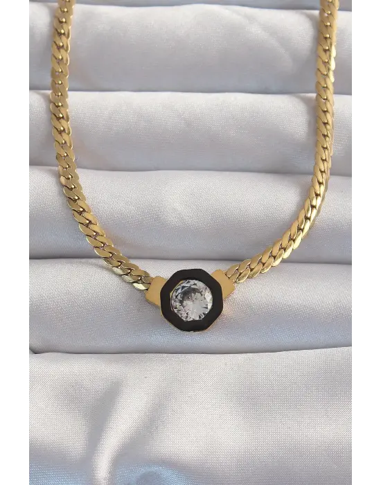  Altın  Ezme Zincir Zirkon Taşlı Mineli Serenay Çelik Kolyesi