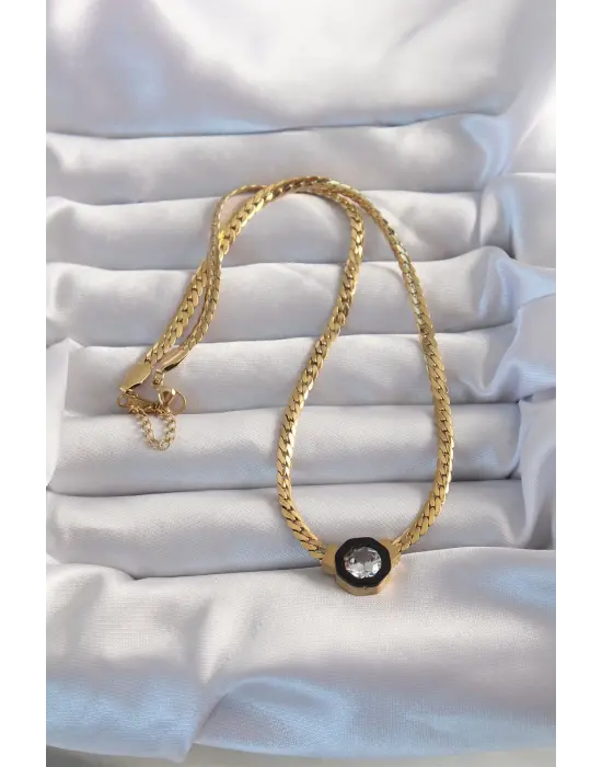  Altın  Ezme Zincir Zirkon Taşlı Mineli Serenay Çelik Kolyesi