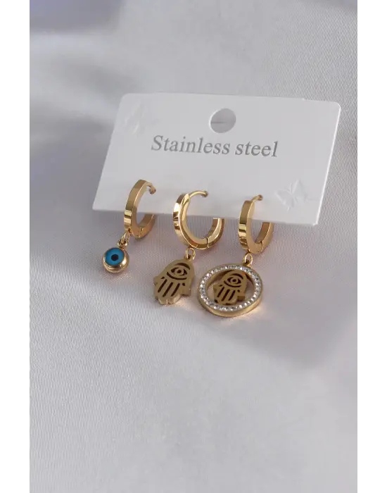 316L Çelik Gold Renk Fatma Ana El Model Zirkon Taş Detay Kadın Küpe Kombini