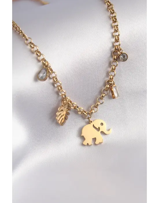 316L Çelik Gold Renk Fil Figür Zirkon Taş Detay Kadın Kolye