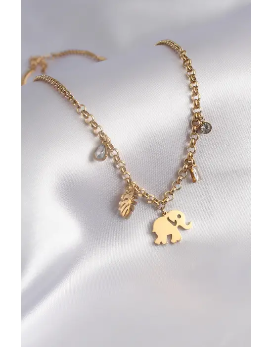 316L Çelik Gold Renk Fil Figür Zirkon Taş Detay Kadın Kolye