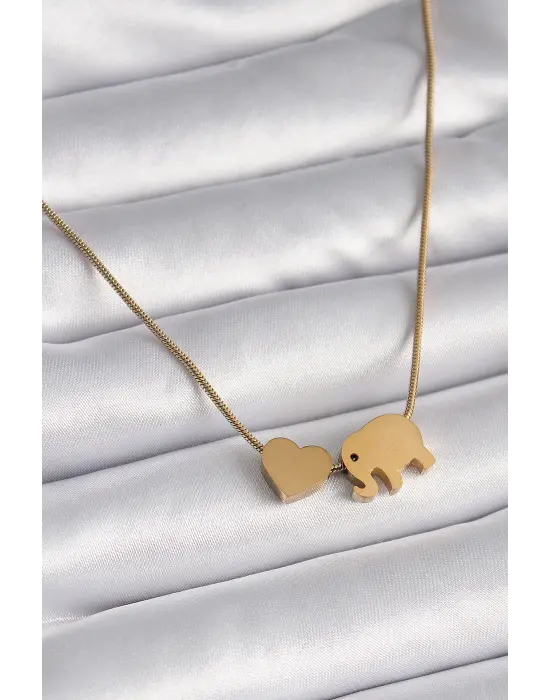  Altın  Fil Kalp Figürlü  Çelik Kolye