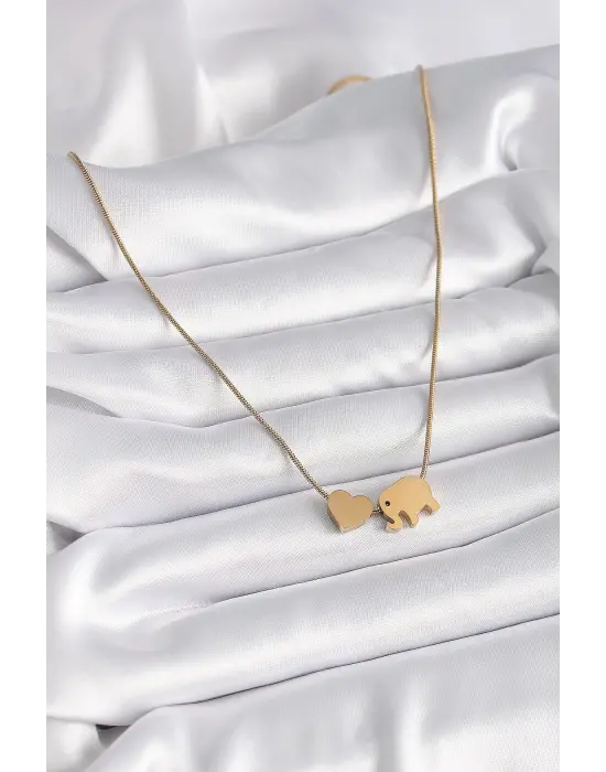  Altın  Fil Kalp Figürlü  Çelik Kolye