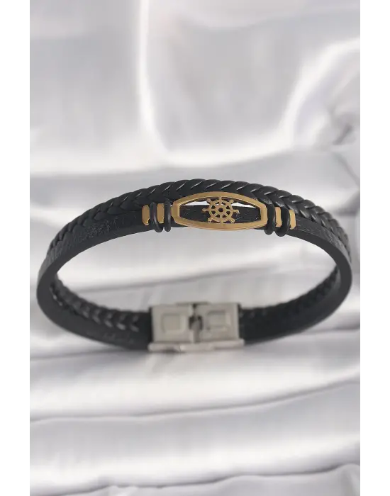 316L Çelik Gold Renk Gemi Dümen Figür Siyah Renk Çift Sıra Burgu Desenli Deri Kordon Erkek Bileklik