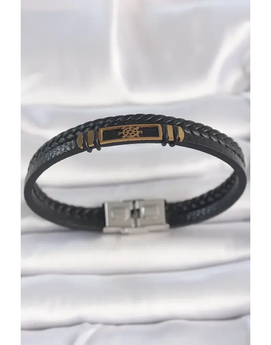 316L Çelik Gold Renk Gemi Dümeni Aksesuarlı Çift Sıra Burgu Desenli Deri Kordon Erkek Bileklik