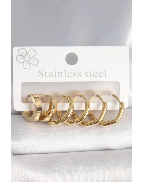 316L Çelik Gold Renk Geometrik Halka Model Kadın Küpe Seti