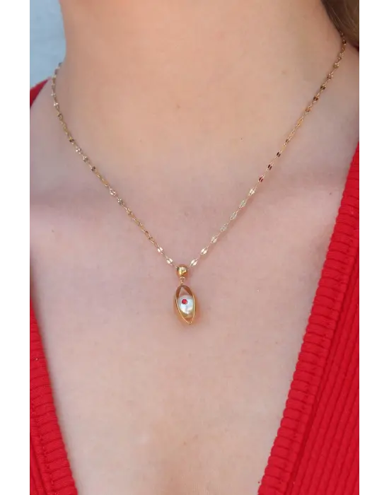  Altın  Göz Figür Kırmızı Zirkon Taş Detay  Çelik Kolye