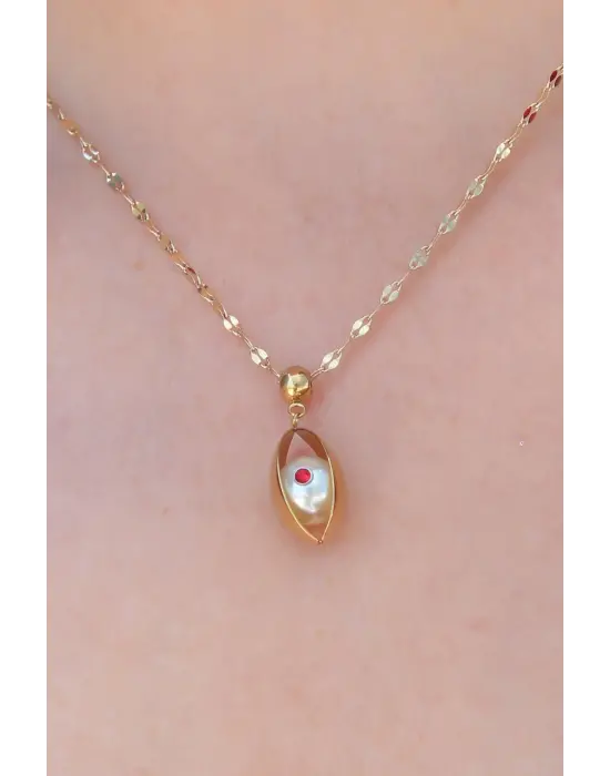  Altın  Göz Figür Kırmızı Zirkon Taş Detay  Çelik Kolye