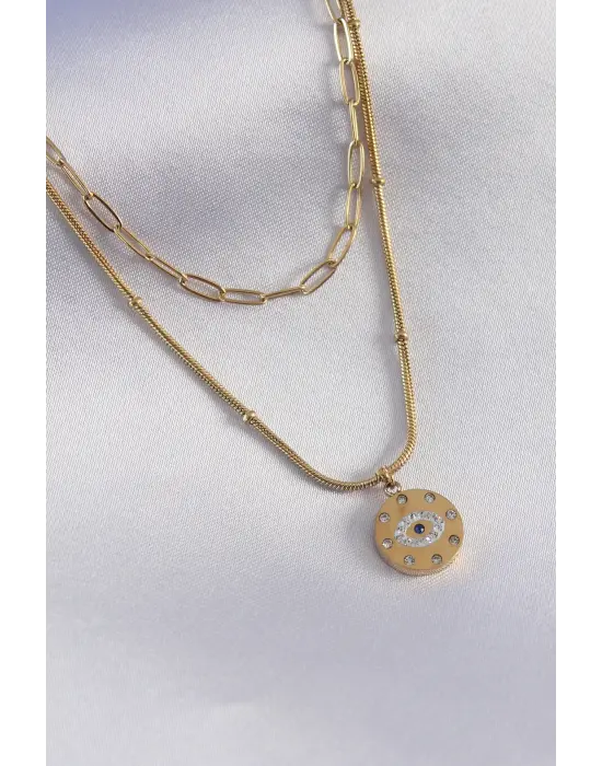 316L Çelik Gold Renk Göz Figür Zirkon Taş Detay 2li Kadın Kolye