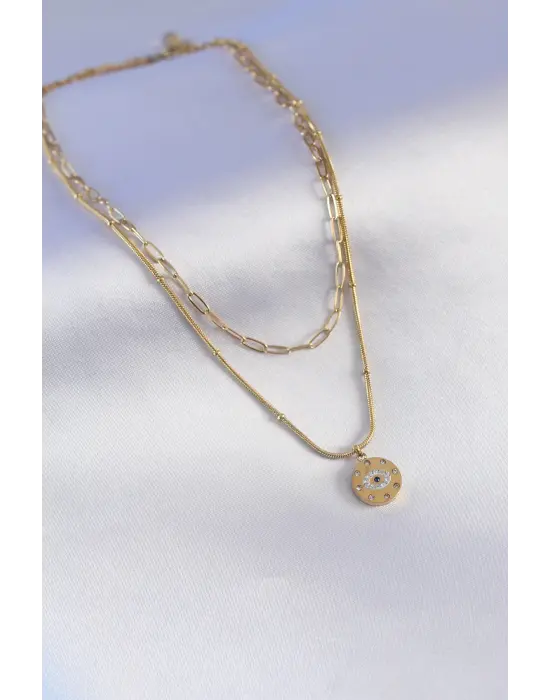 316L Çelik Gold Renk Göz Figür Zirkon Taş Detay 2li Kadın Kolye