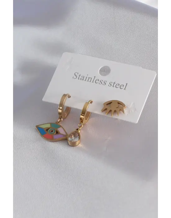 316L Çelik Gold Renk Göz Figür Zirkon Taşlı Kadın Küpe Kombini