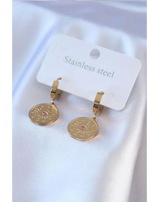   Altın Göz İşleme Zirkon Taş Detay Çelik Küpe