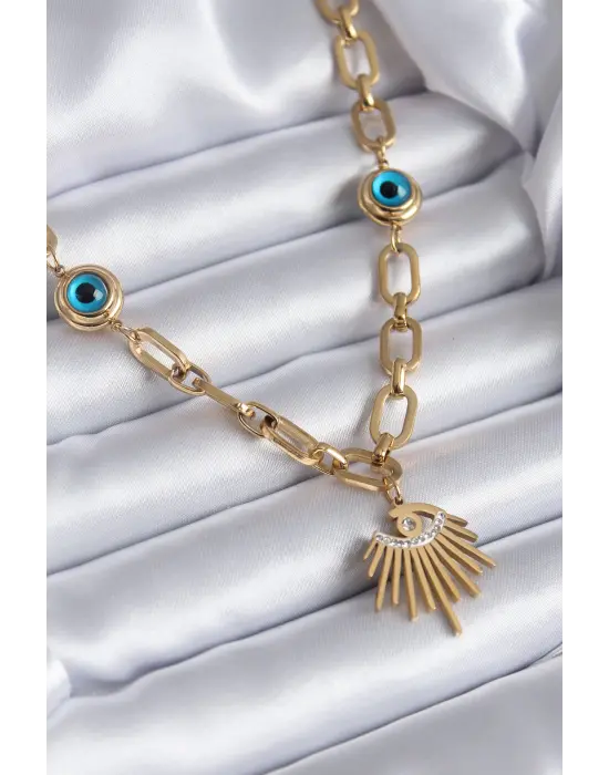  Altın  Göz Model Zirkon Taş Nazar Boncuk Detay  Çelik Kolye