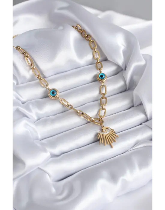  Altın  Göz Model Zirkon Taş Nazar Boncuk Detay  Çelik Kolye