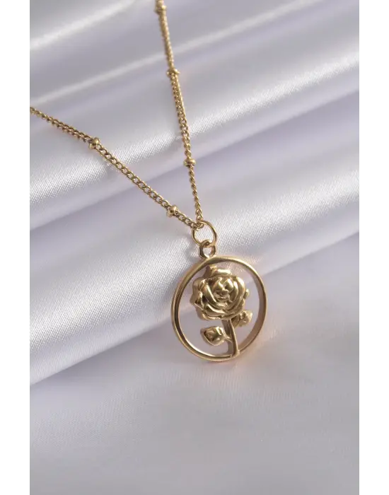 316L Çelik Gold Renk Gül Figür Kadın Kolye