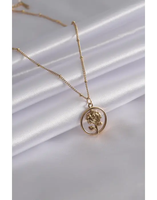 316L Çelik Gold Renk Gül Figür Kadın Kolye