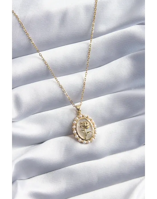  Altın  Gül Model İnci Detay  Çelik Kolye