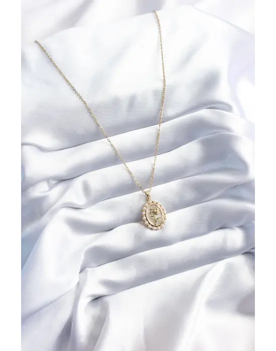  Altın  Gül Model İnci Detay  Çelik Kolye