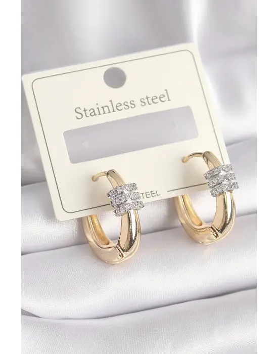   Altın Gümüş Zirkon Taşlı Halka Model Çelik Küpe