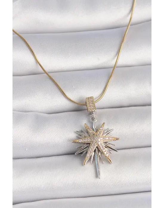 316L Çelik Gold Renk Gümüş Zirkon Taşlı Yıldız Model Kadın Kolye