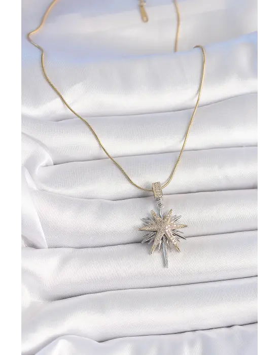 316L Çelik Gold Renk Gümüş Zirkon Taşlı Yıldız Model Kadın Kolye