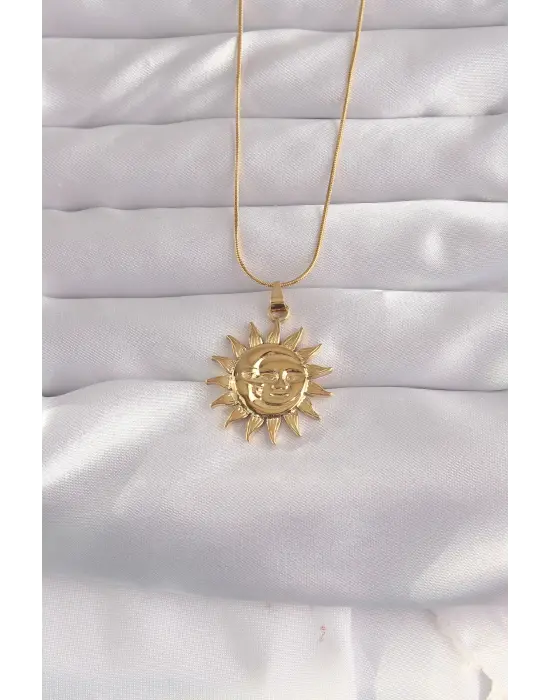  Altın  Güneş Figür Vintage Çelik Kolye