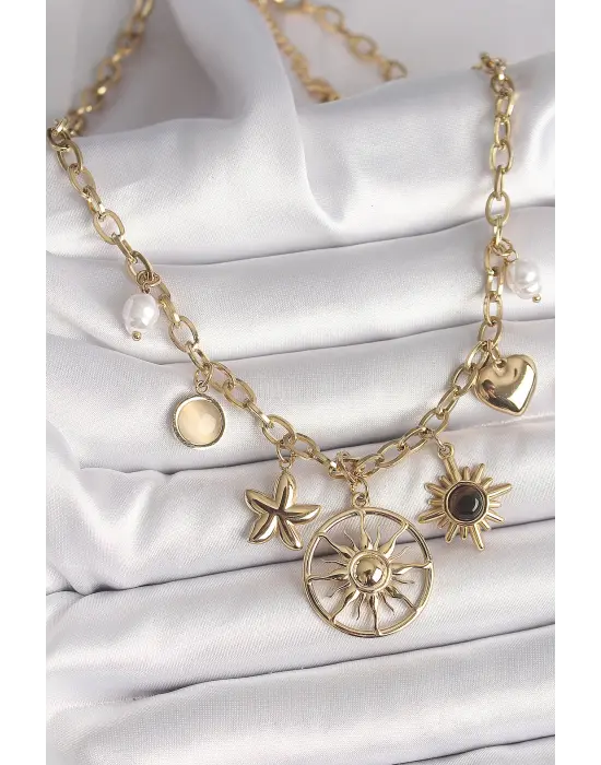 316L Çelik Gold Renk Güneş Model Siyah Mineli Güneş Detay Kadın Kolye