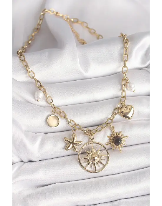 316L Çelik Gold Renk Güneş Model Siyah Mineli Güneş Detay Kadın Kolye