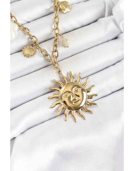 316L Çelik Gold Renk Güneş ve Deniz Kabukları Konsept Kadın Kolye