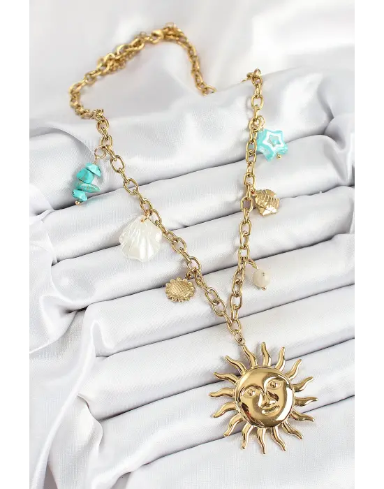 316L Çelik Gold Renk Güneş ve Deniz Kabukları Konsept Kadın Kolye