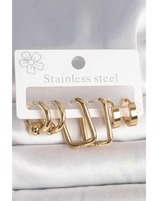 316L Çelik Gold Renk Halka Kare Model Kadın Küpe Seti