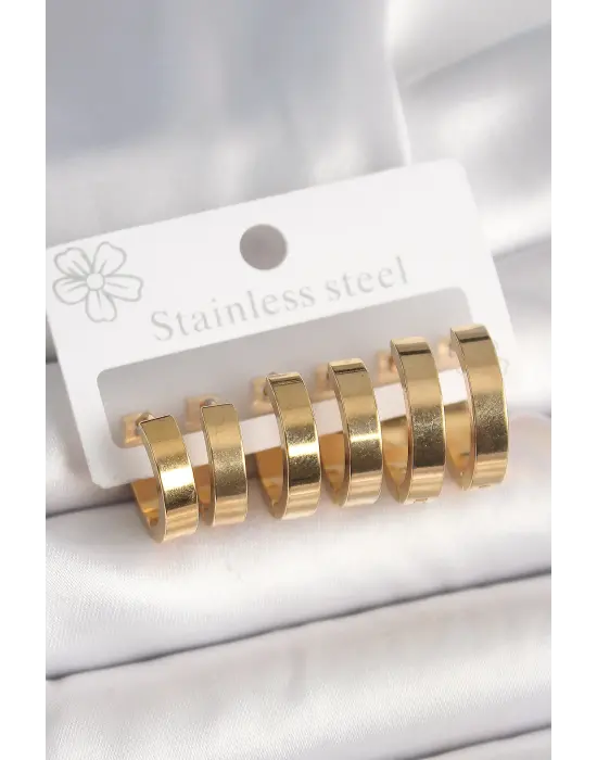 316L Çelik Gold Renk Halka Model Kadın Küpe Seti