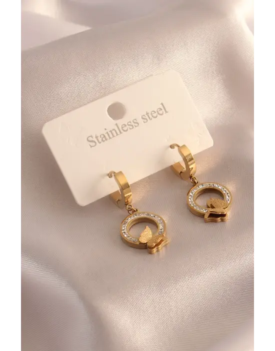   Altın Halka Model Kelebek Detay Zirkon Taşlı Çelik Küpe