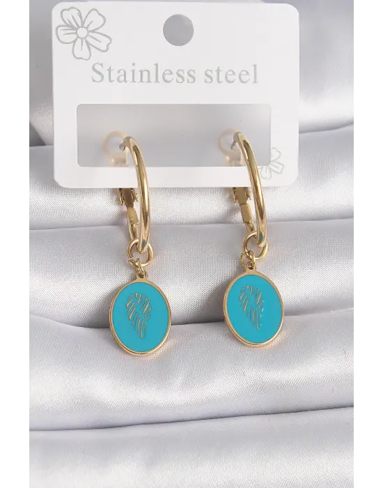   Altın Halka Model Mavi İşlemeli Detay Çelik Küpe