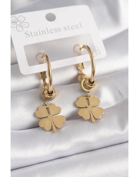   Altın Halka Model Yonca Figür Çelik Küpe