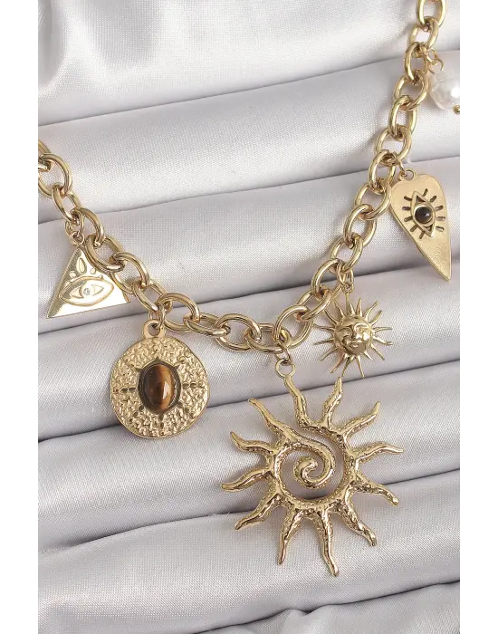  Altın  Halka Zincir Model Sallantı Güneş Figür Göz Detay  Çelik Kolye